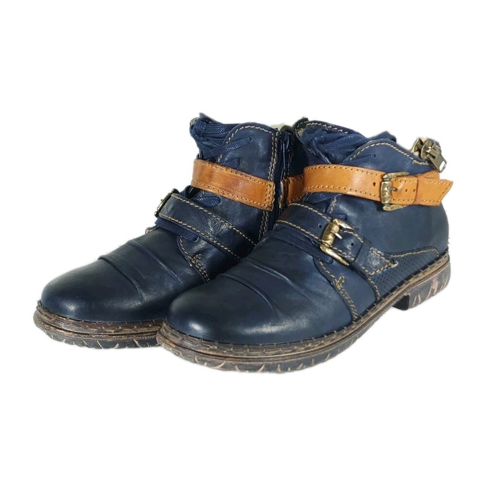 Rovers Women's US 8,5 Blue Leather Lace-Up Straps Side Zip Biker Moto Boots